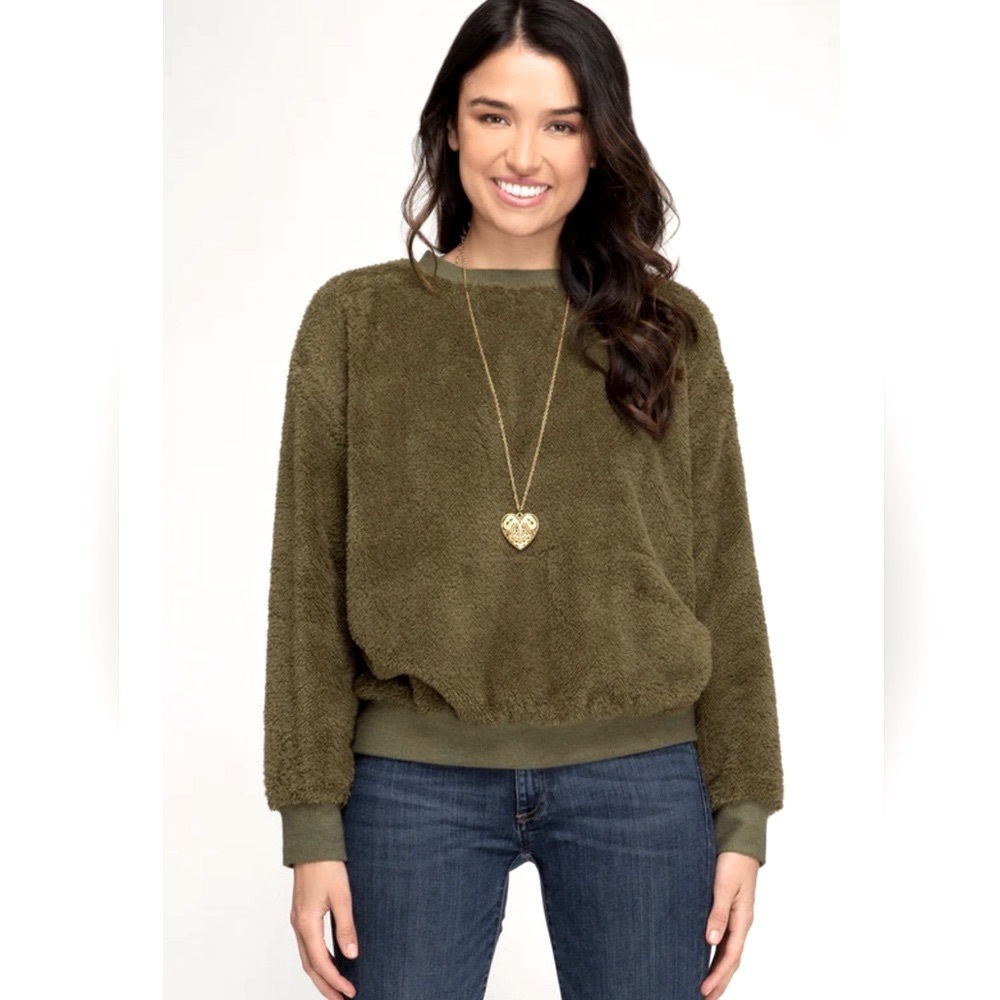 PIMKIE, LONG SLEEVE FAUX FUR PULLOVER TOP WITH RIB KNIT BAND